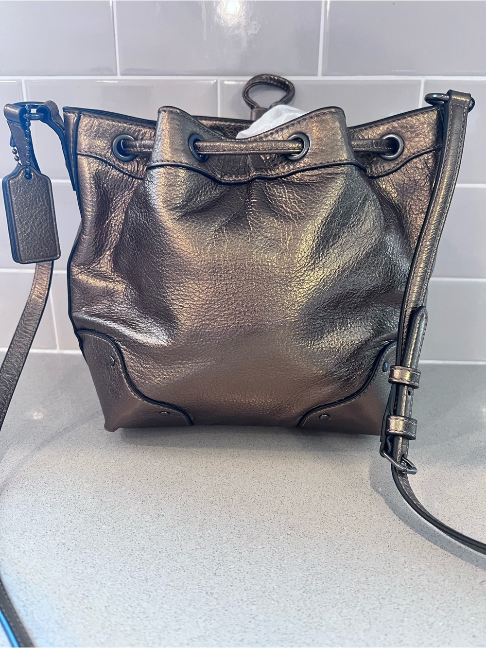 Coach Metallic Bronze Leather Drawstring Crossbody Bag F35363 BABY MICKIE - Picture 6 of 16